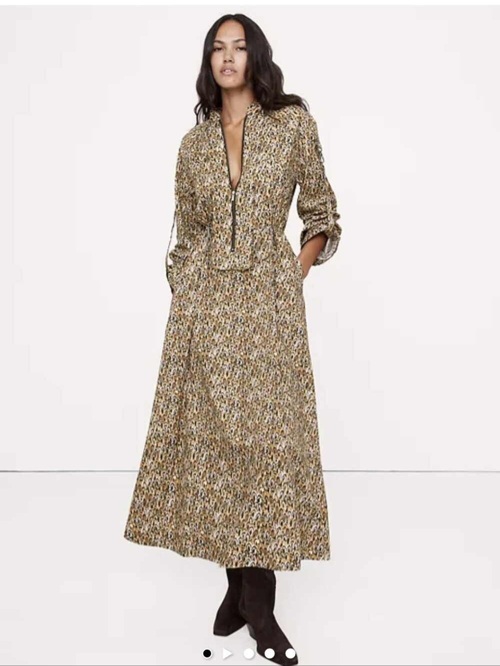 Banana Republic Mustard and Brown Printed Zip-Front Maxi Dress